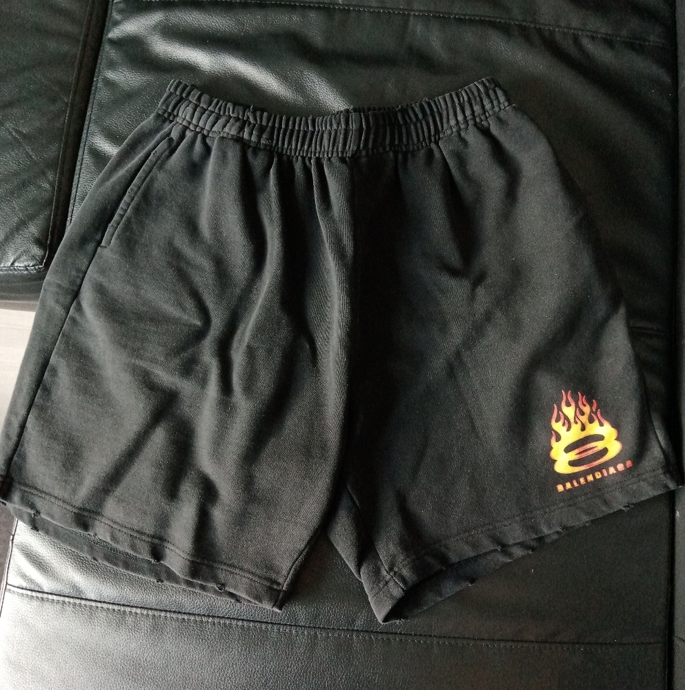 Balenciaga Black Cotton Flame Logo Shorts